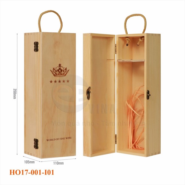 Hộp gỗ 1 chai nắp kín in vương miện mặt ép