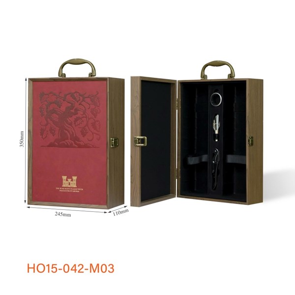 Hộp Rượu 2 Chai Sơn Mài – Mặt Da Lâu Đài, Đỏ 3PK HO15-042-M10