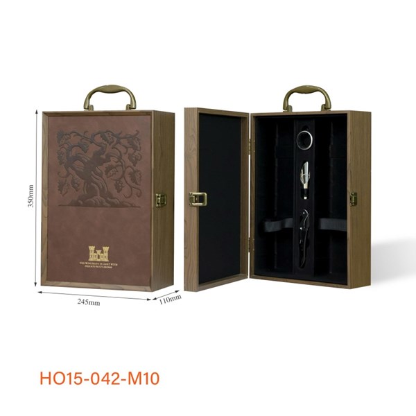 Hộp Rượu 2 Chai Sơn Mài – Mặt Da Lâu Đài, Nâu 3PK HO15-042-M03