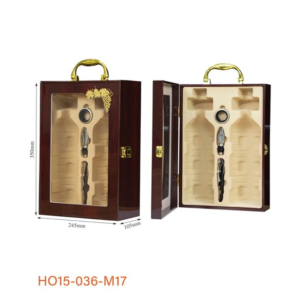 Hộp Quà Đựng Rượu 2 Chai Cửa Kính Gỗ Đỏ 3 PK – Họa Tiết Chùm Nho HO15-036-M17