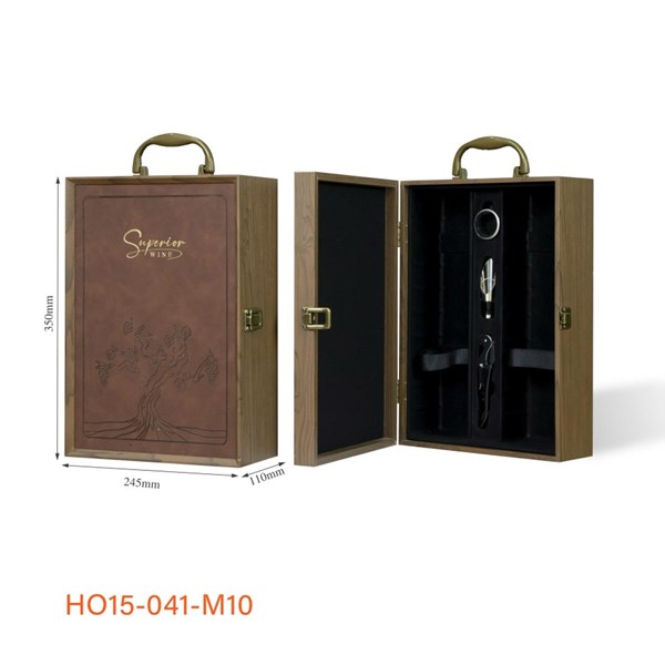 Hộp Rượu 2 Chai Sơn Mài – Mặt Da Superior Chùm Nho , Nâu 3 PK HO15-041-M10