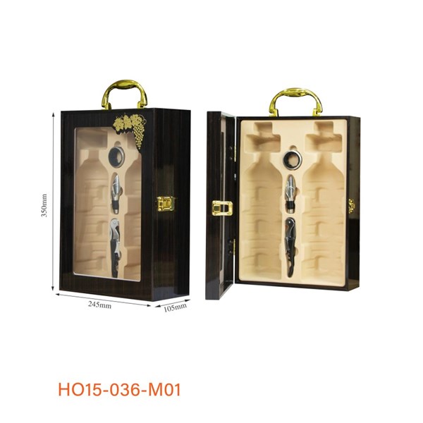 Hộp Quà Rượu 2 Chai Cửa Kính Gỗ Đen Vân - 3 PK HO15-036-M01