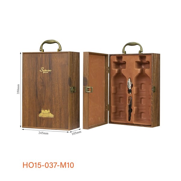 Hộp quà gỗ đựng 2 chai rượu cao cấp kèm phụ kiện –  HO15-037-M10