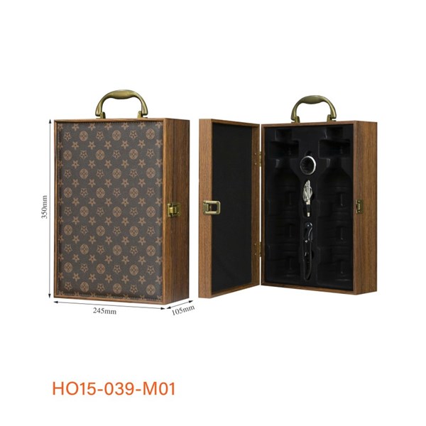 Hộp Quà Đựng Rượu 2 Chai Sơn Mài Mặt Da Họa Tiết Ngôi Sao Nâu 3 PK  HO15-039-M01
