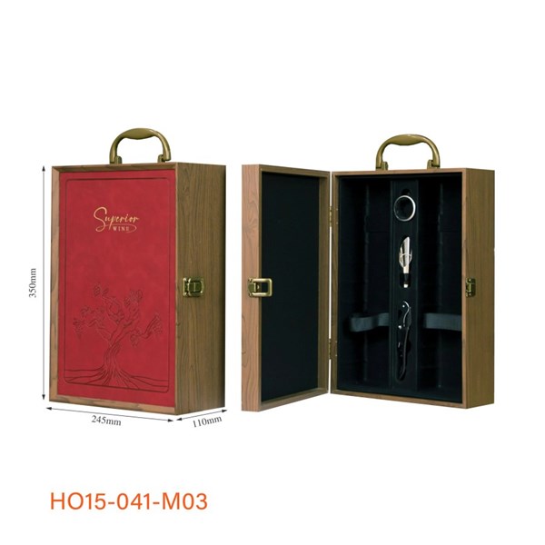 Hộp Rượu 2 Chai Sơn Mài – Mặt Da Superior Chùm Nho , Đỏ 3 PK HO15-041-M03