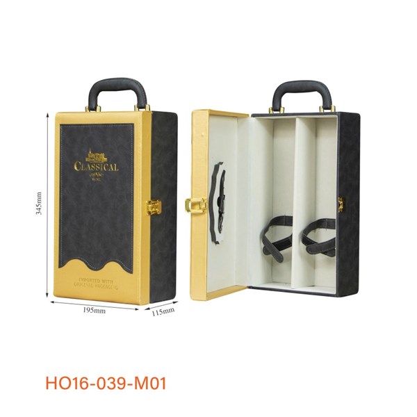 Hộp đựng rượu da 2 chai Classical 1pk viền vàng màu đen - HO16-039-M01